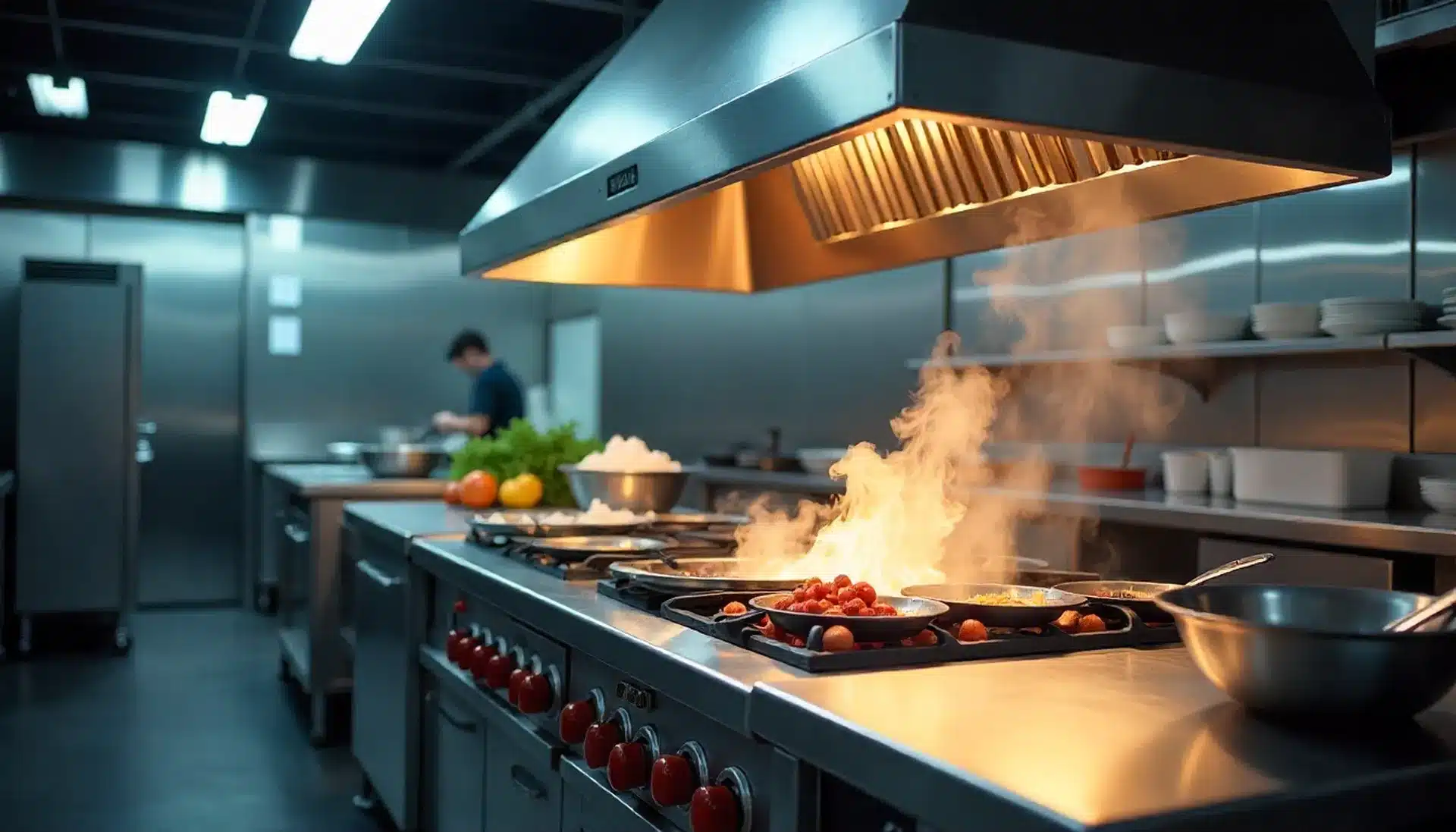Cocina de restaurante equipada con campana de extracción de acero inoxidable