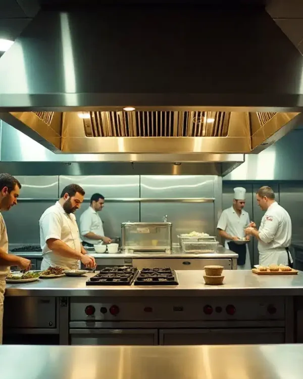 Campana para restaurante en acero inoxidable sobre la línea de cocción